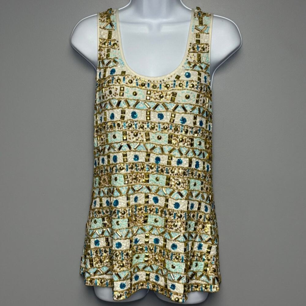 Boston Proper Gold Aqua Gem Embellished Beach Wedding‎ Guest Tank Womens Sz S